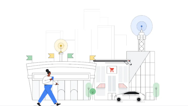 一名女性使用手機，穿過建築物和塔樓