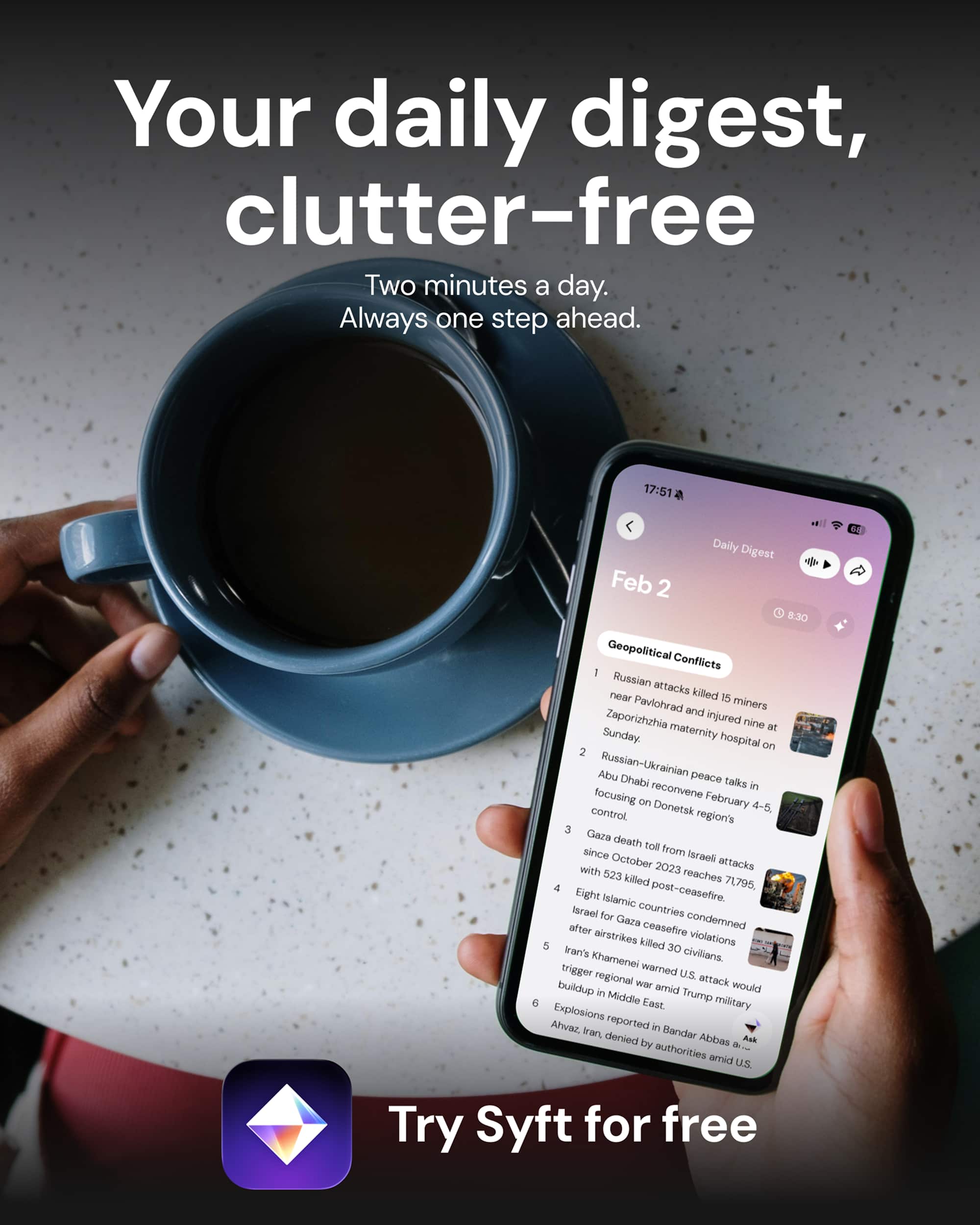 Snapshot of a person viewing Syft news on mobile with a cup of coffee on the table