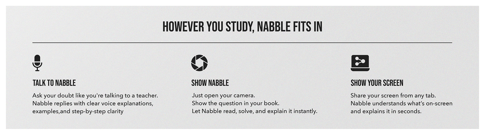 Graphic showing Nabble AI voice, camera, and screen tools