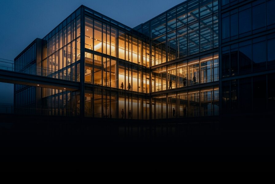 Illuminated modern glass enterprise campus atrium at dusk
