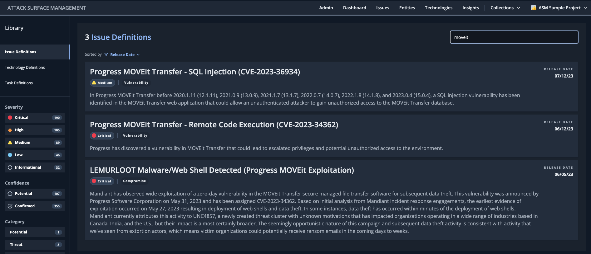 Image of the Mandiant ASM GUI, featuring the Library which contains a list of the available active checks. The library is filtered for MOVEit, to show several active checks related to the vulnerability.