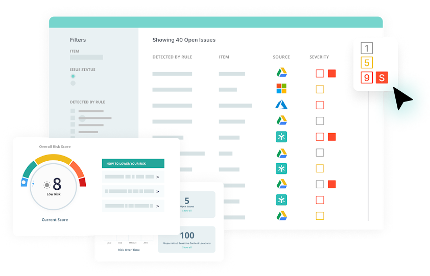 顯示篩選器、待解決問題及相關風險分數的圖片。