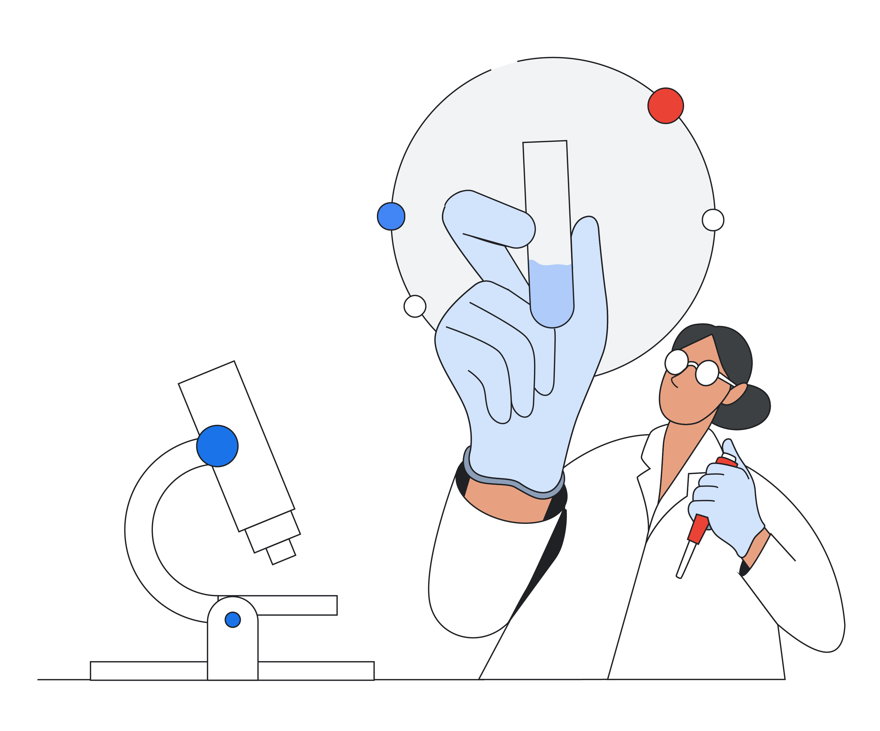 Imagem estilizada de cientista trabalhando na descoberta e desenvolvimento de medicamentos