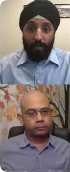 分割畫面的圖片，畫面上下半部的兩名男子各自面向視訊會議的攝影機