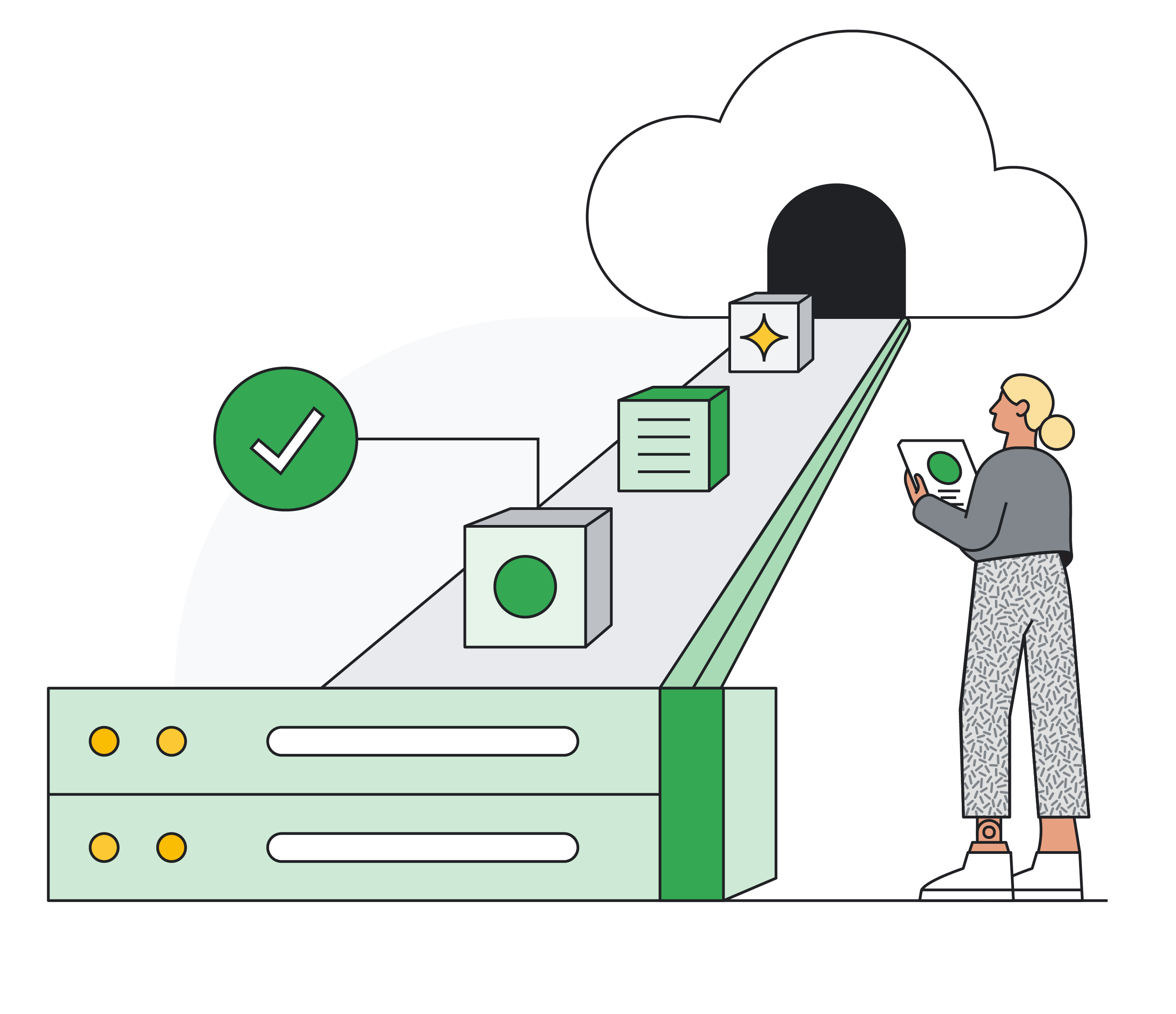 클라우드에서 콘텐츠가 나오고 있고 옆에 서 있는 사람이 손에 든 기기로 분석하고 있습니다.