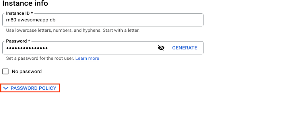 パスワード ポリシーの設定方法を示した Cloud コンソールのスクリーンショット