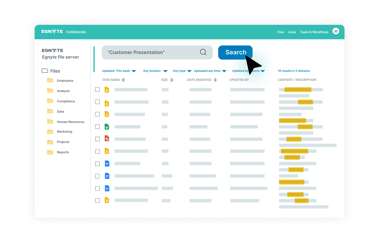 Image showing Egnyte collaboration screen with the search option for customer presentations.