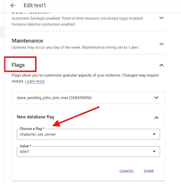 Immagine dell'impostazione del set di caratteri della console Cloud per Cloud SQL 