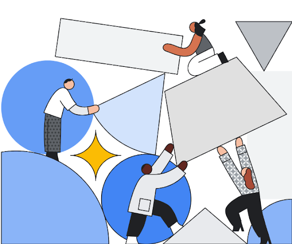 四个人围着不同的 Google 产品图标