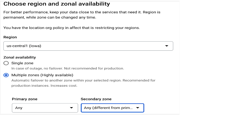 高可用性の設定を示す Cloud コンソールのスクリーンショット