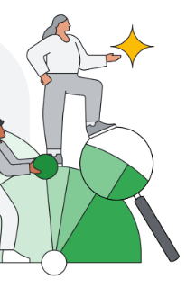 女子站在放大鏡和綠色圖形上方