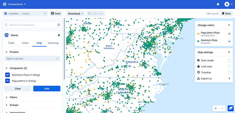 Map interface showing Domino's and Papa John's locations