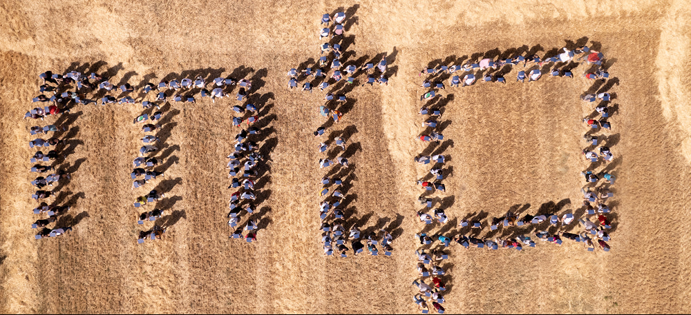 Aerial view of a large group of people standing in a field to spell out "mtp" in lowercase letters
