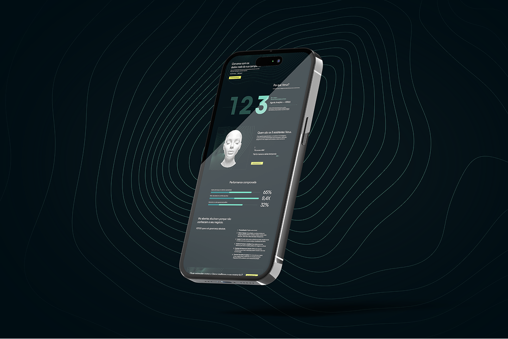 A dark smartphone mockup displaying a UI screen with the large green text "123", charts, stats, and a 3D head model