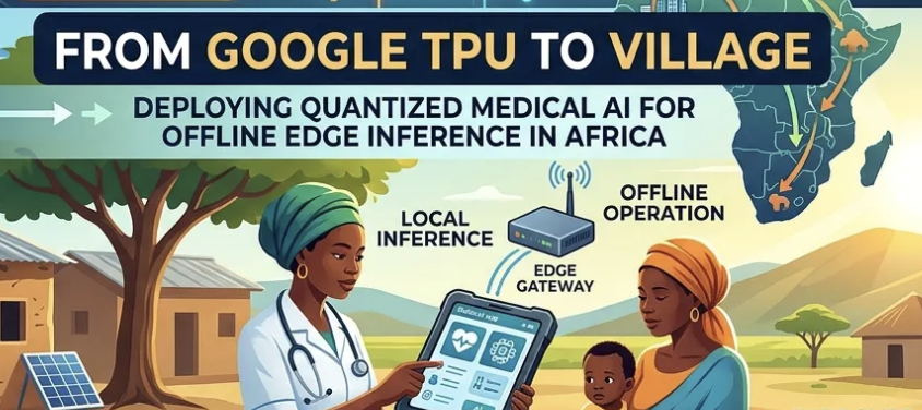 A village scene with a doctor showing data to a woman carrying a baby