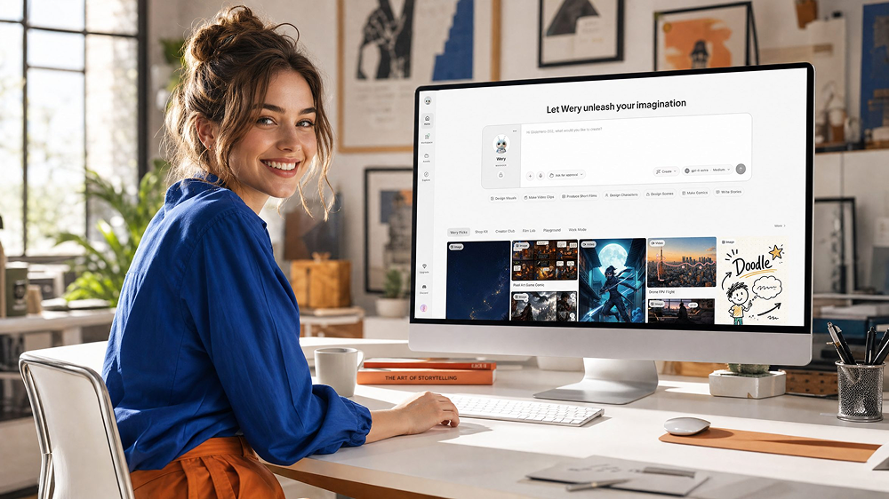 A woman working at a white desk with an all-in-one desktop computer