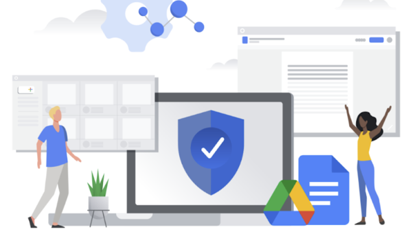 two animated people looking at screens and logos