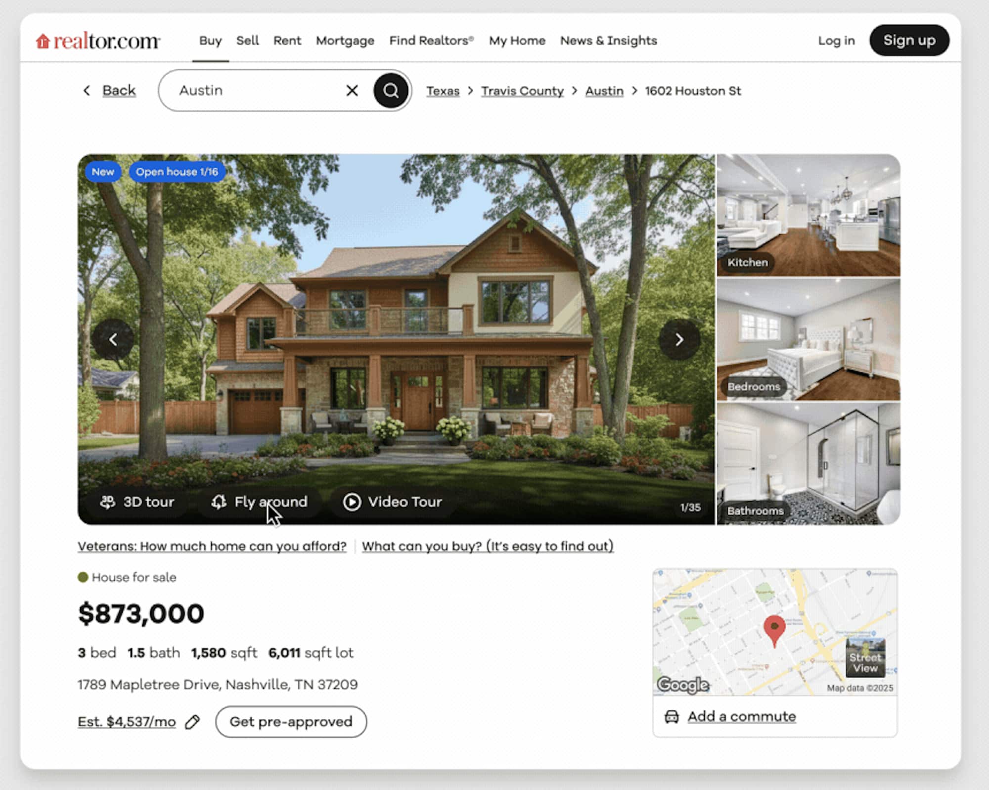 Realtor.com listing for a $873,000 house in Nashville