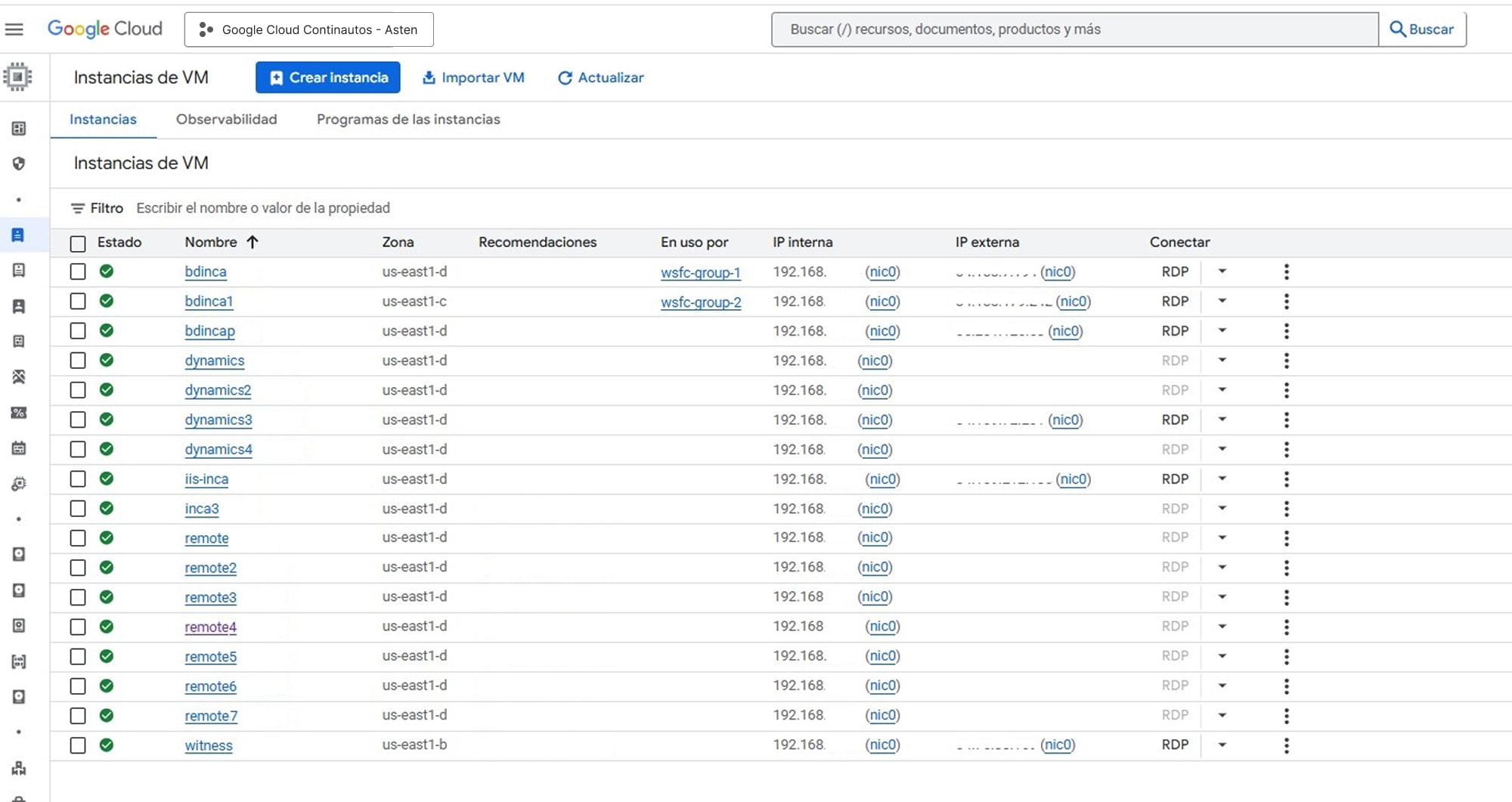 Google Cloud dashboard showing VM instances list