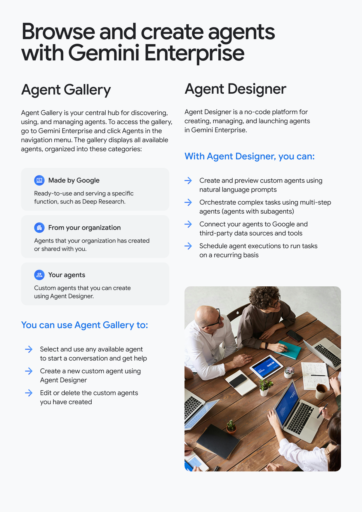 Browse and create agents with Gemini Enterprise Agent Gallery Agent Gallery is your central hub for discovering, using, and managing agents. To access the gallery, go to Gemini Enterprise and click Agents in the navigation menu. The gallery displays all available agents, organized into these categories: Made by Google Ready-to-use and serving a specific function, such as Deep Research. From your organization Agents that your organization has created or shared with you. Custom agents that you can create using Agent Designer. You can use Agent Gallery to: Select and use any available agent to start a conversation and get help Create a new custom agent using Agent Designer Edit or delete the custom agents you have created Agent Designer Agent Designer is a no-code platform for creating, managing, and launching agents in Gemini Enterprise. With Agent Designer, you can: Create and preview custom agents using natural language prompts → Orchestrate complex tasks using multi-step agents (agents with subagents) Connect your agents to Google and third-party data sources and tools Schedule agent executions to run tasks on a recurring basis Your agents