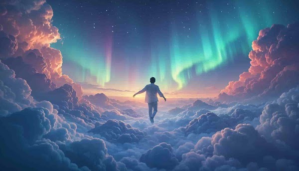 A man walking over clouds toward Northern Lights