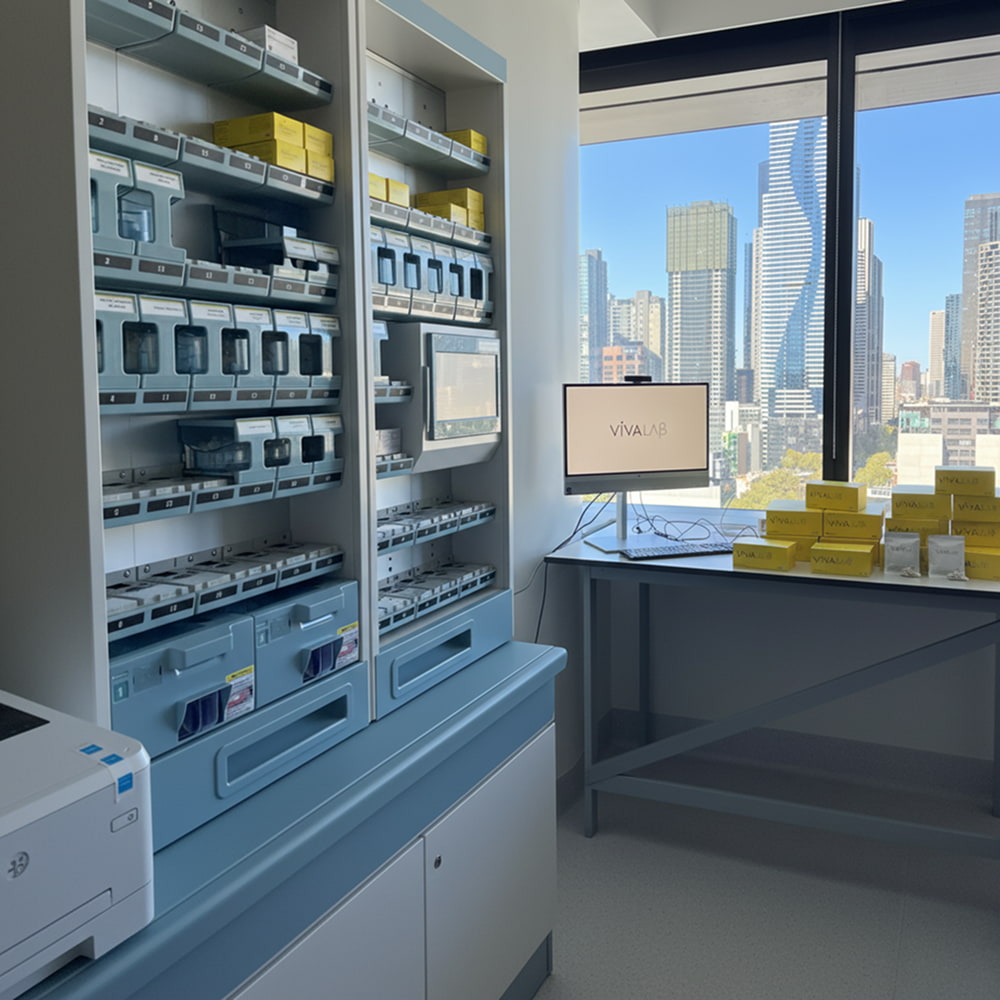 VIVALAB: Lab equipment next to a window with city view