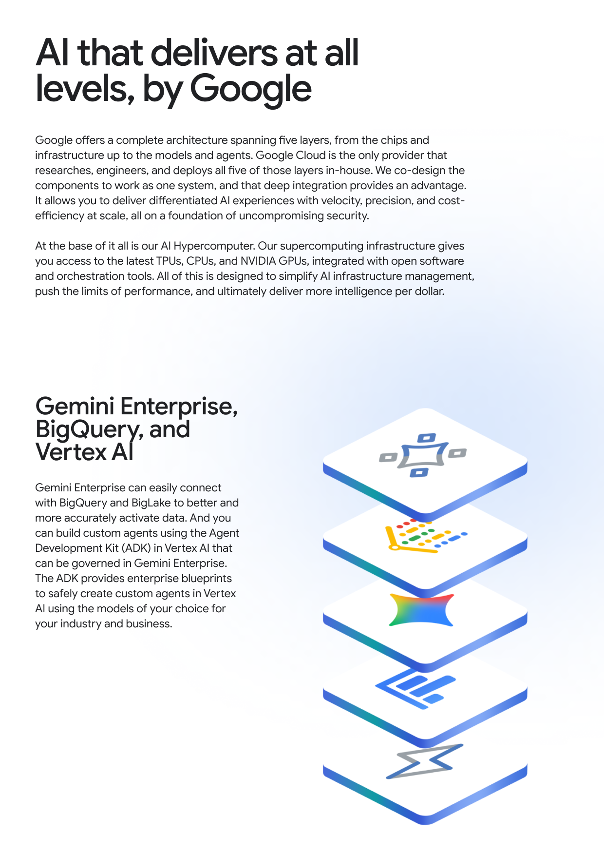 Al that delivers at all levels, by Google Google offers a complete architecture spanning five layers, from the chips and infrastructure up to the models and agents. Google Cloud is the only provider that researches, engineers, and deploys all five of those layers in-house. We co-design the components to work as one system, and that deep integration provides an advantage. It allows you to deliver differentiated Al experiences with velocity, precision, and cost-efficiency at scale, all on a foundation of uncompromising security. At the base of it all is our Al Hypercomputer. Our supercomputing infrastructure gives you access to the latest TPUs, CPUs, and NVIDIA GPUs, integrated with open software and orchestration tools. All of this is designed to simplify Al infrastructure management, push the limits of performance, and ultimately deliver more intelligence per dollar. Gemini Enterprise, BigQuery, and Vertex Al Gemini Enterprise can easily connect with BigQuery and BigLake to better and more accurately activate data. And you can build custom agents using the Agent Development Kit (ADK) in Vertex Al that can be governed in Gemini Enterprise. The ADK provides enterprise blueprints to safely create custom agents in Vertex Al using the models of your choice for your industry and business.