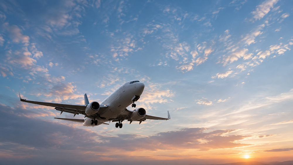 An airplane flies through a sky filled with blue and orange clouds as the sun begins to set on the distant horizon