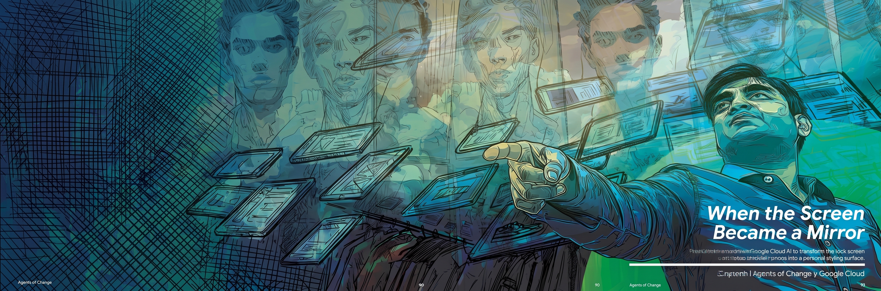 Stylized artwork depicting Glance as an Agent of Change, leveraging Vertex AI and Gemini to move from experimental 40-minute wait times to a high-velocity "one selfie, three minutes" personal styling flow.