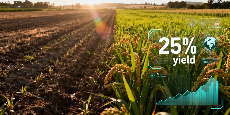 Split farm field with dry soil on the left and lush green crops on the right, featuring a "25% yield" digital overlay