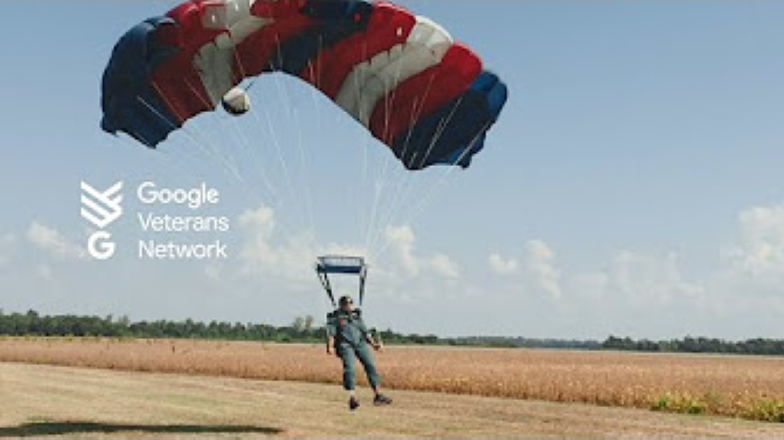 Person landing with a parachute near a field