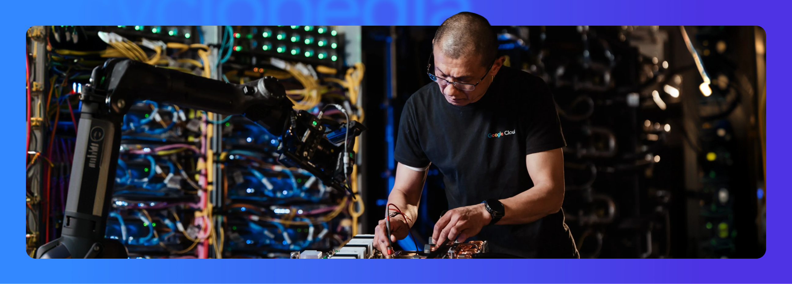 Banner with a man working in data center with a blue-to-purple gradient border