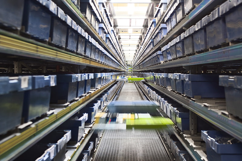 A highly organized, automated warehouse storage system