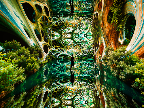 Infinity room with green fractal patterns and one person