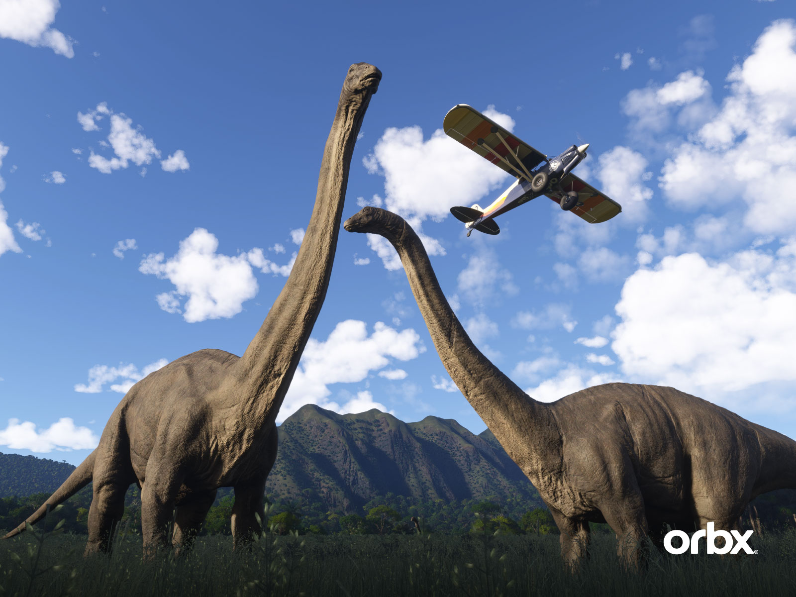 Two Brachiosaurus stand in a grassy area with green hills, trees, and a blue, cloudy sky.