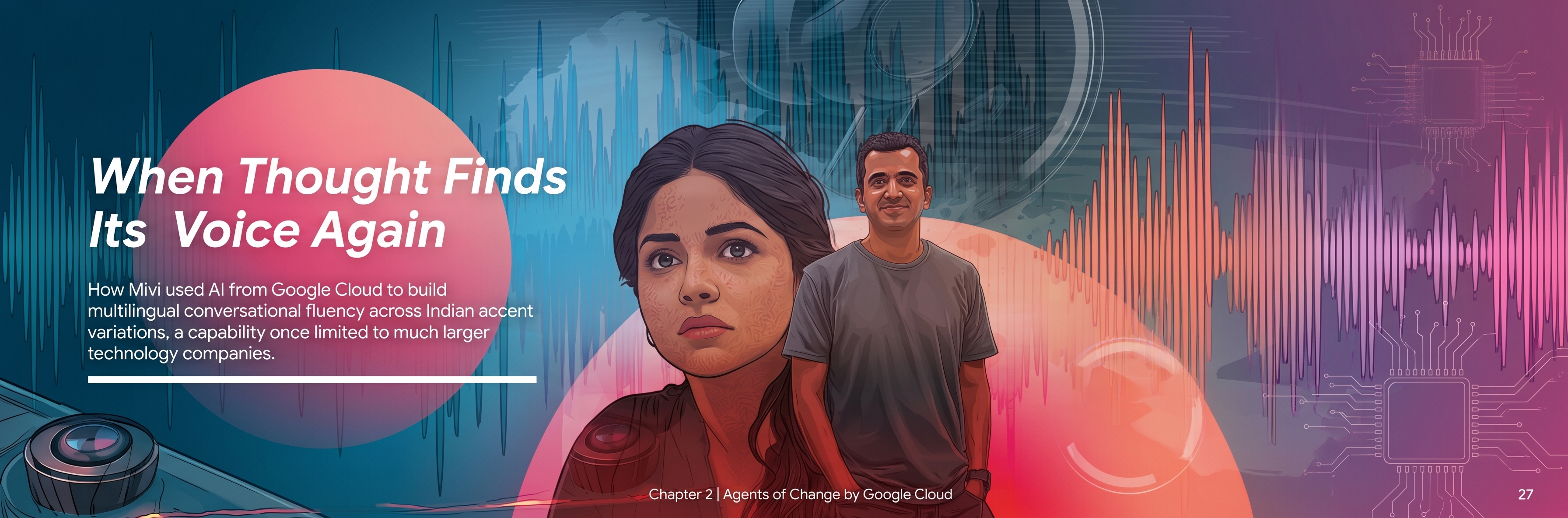 A stylized illustration of a user interacting with a voice-controlled device that accurately recognizes diverse regional Indian accents.