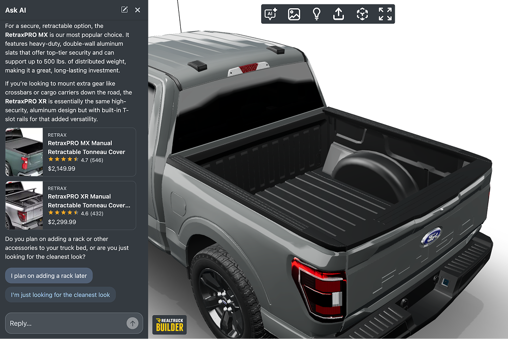 Ask AI chat suggesting RetraxPRO tonneau covers beside a 3D truck render