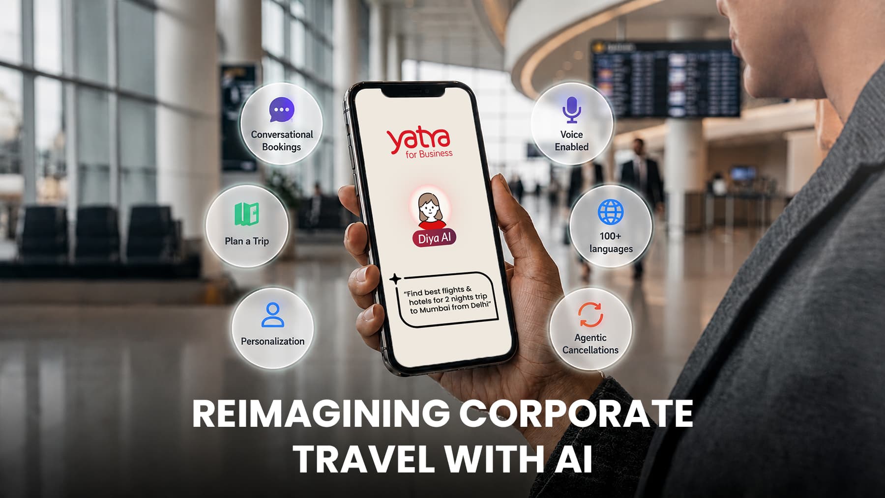 A person holds a phone showing "yatra for Business"