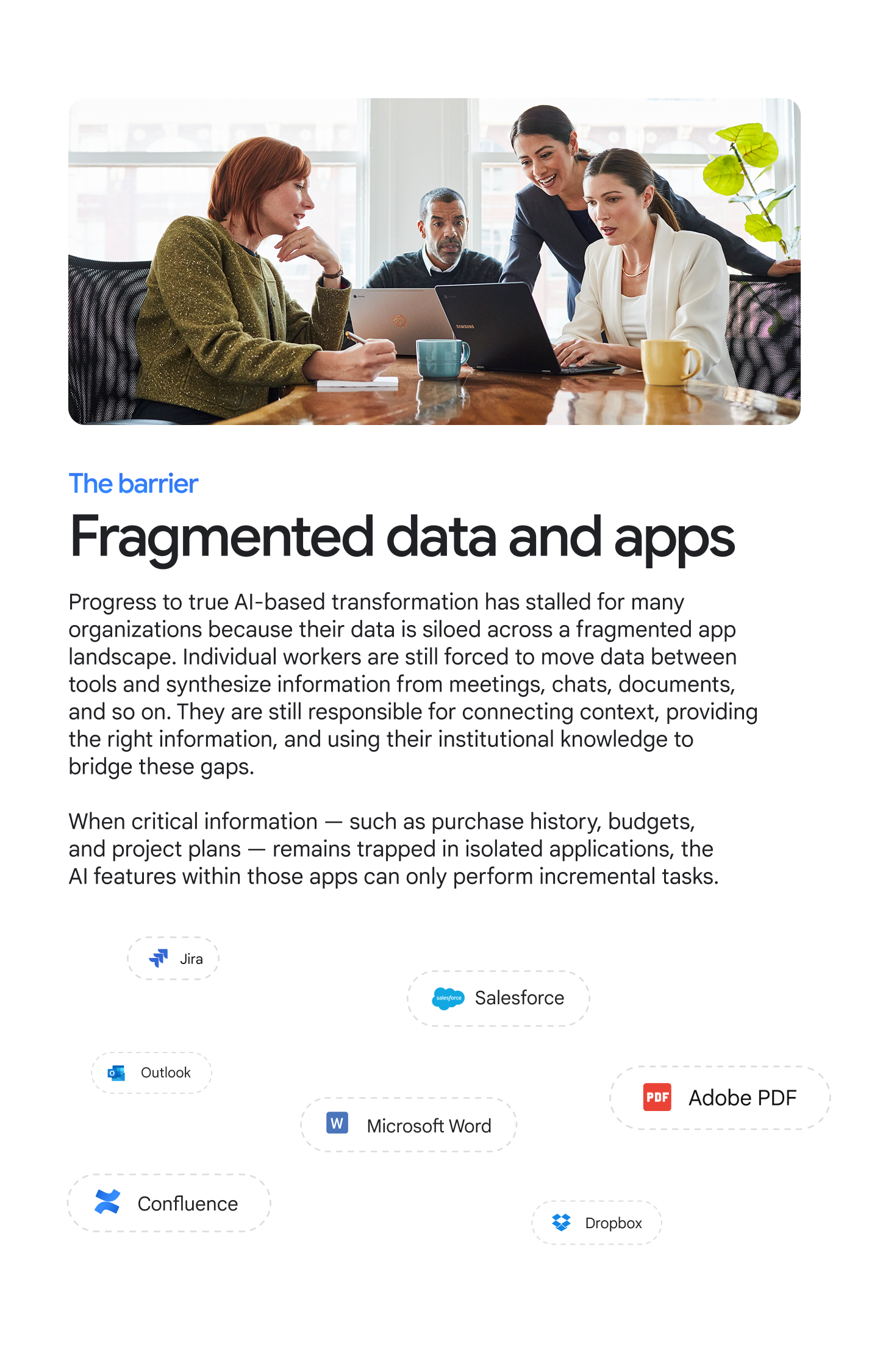 The barrier: Fragmented data and apps. Progress to true AI-based transformation has stalled for many organizations because their data is siloed across a fragmented app landscape. Individual workers are still forced to move data between tools and synthesize information from meetings, chats, documents, and so on. They are still responsible for connecting context, providing the right information, and using their institutional knowledge to bridge these gaps. When critical information — such as purchase history, budgets, and project plans — remains trapped in isolated applications, the AI features within those apps can only perform incremental tasks. 