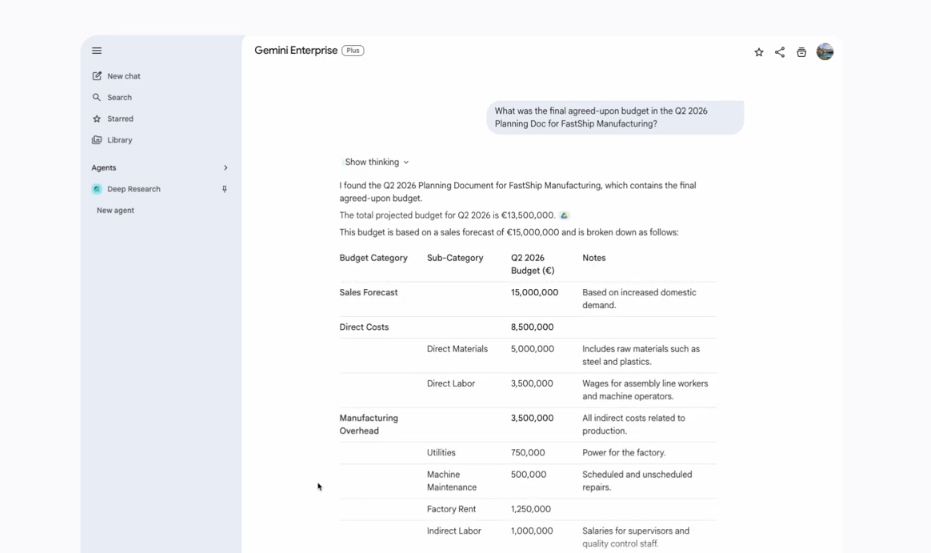 Output screen for Gemini Enterprise app 