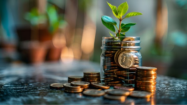 A plant down in a jar with money