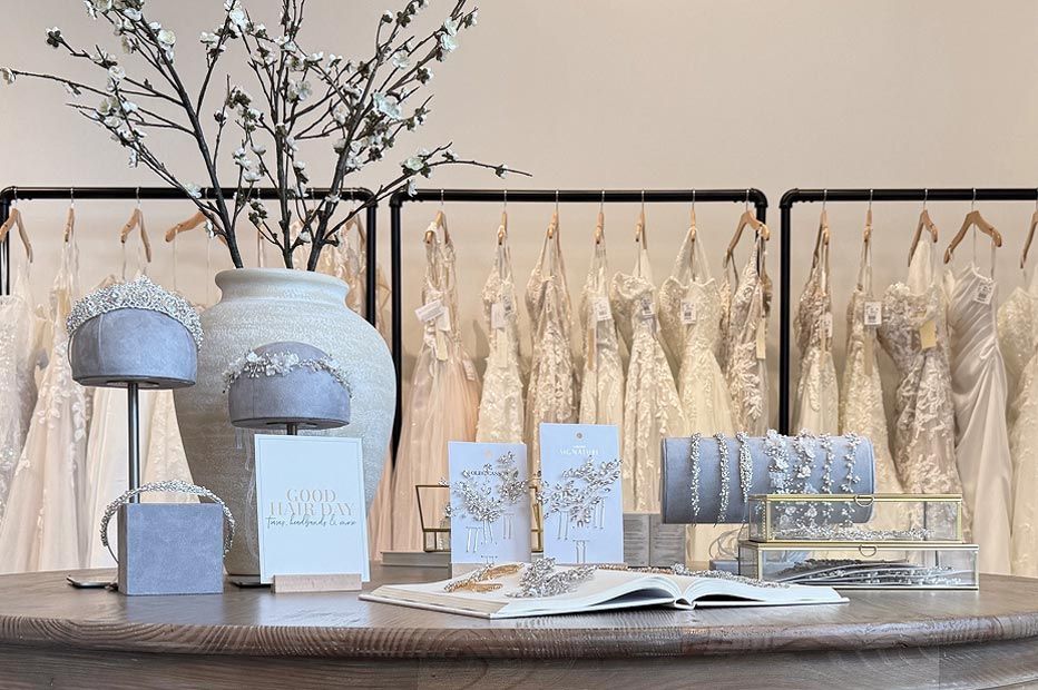 Bridal dresses and jewelry on display
