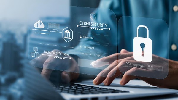 person using laptop with visual representation of security program