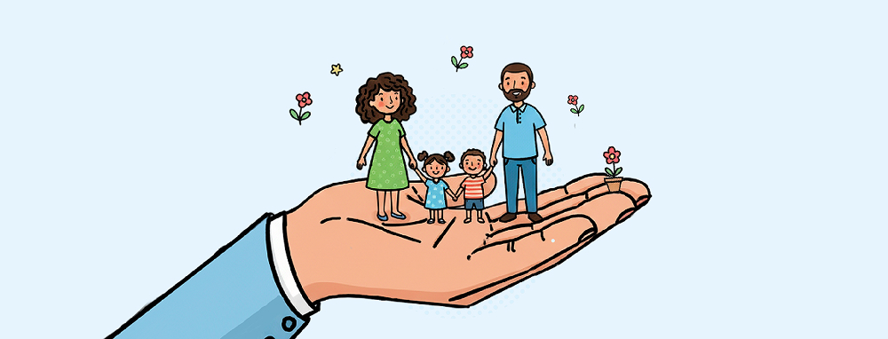 A cartoon-style illustration set against a light blue background. It shows a large hand holding a family