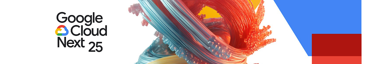 Google Cloud Next 25 logo with an abstract, textured, multicolored swirl and geometric background elements in blue, red, and yellow.