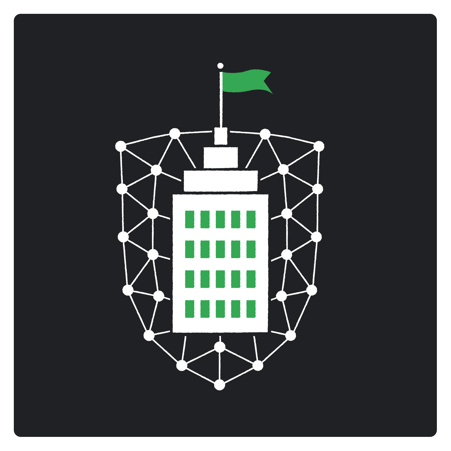 A stylized building within a shield-like shape made of connected white dots and lines, suggesting a network or protective structure.