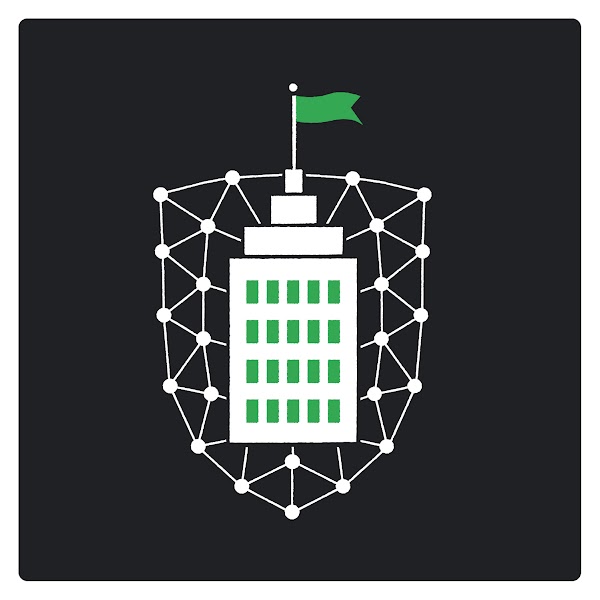 盾牌形狀的圖案，由相連的白色點和線條組成，象徵網路或保護結構，內有風格化的建築物。