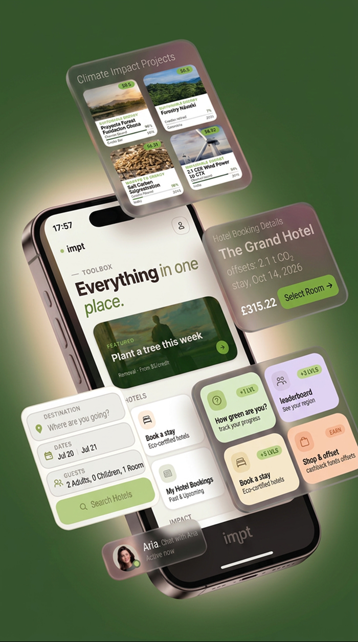 Smartphone showing the IMPT app, featuring eco-hotels, carbon offsets, and climate projects like tree planting