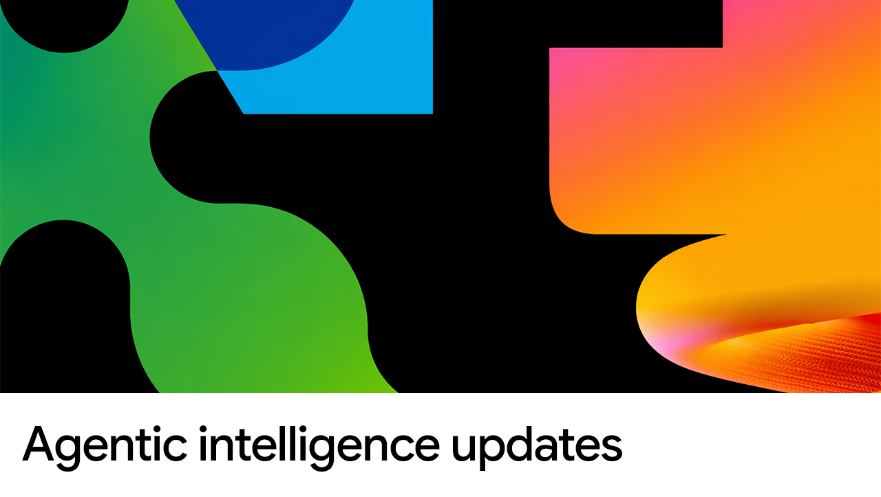 Abstract graphic with bold, colorful gradient shapes against a black background with text 'Agentic intelligence updates'