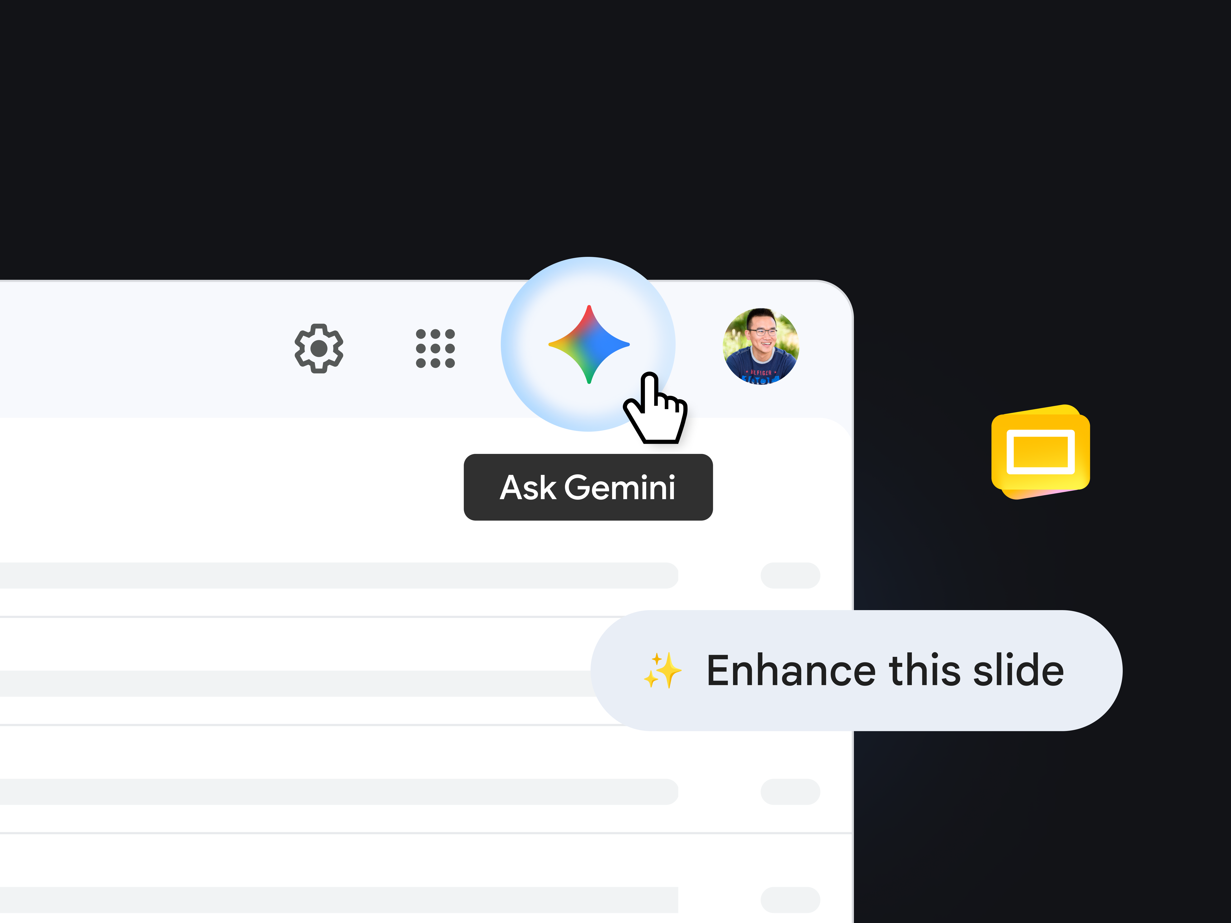 Gemini in Workspace 圖片：畫面特寫使用者介面右上角的 Gemini 圖示。